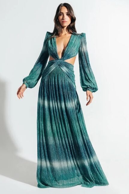 Arabela Printed Shimmer Plisse Maxi Dress
