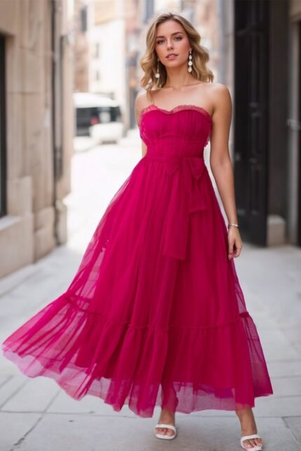 Astrid Gathered Tulle Bow-tie Midi Dress