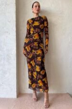 Breeda Printed See-through Maxi Mesh Dress