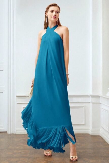 Dolores Cross Halter Neck Tassel Maxi Dress