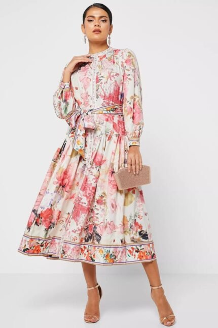 Iris Printed Belted Midi Shirt Dress