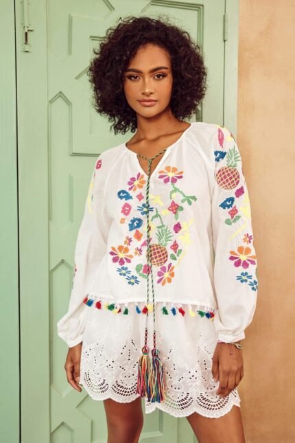 Kyndall Embroidered Floral Tassel Blouse