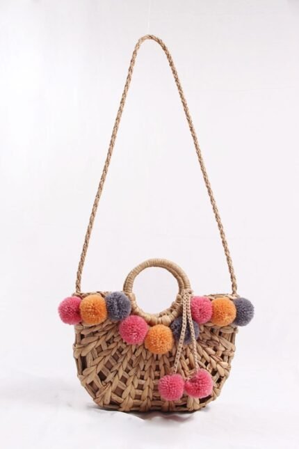 Luna Pom Pom Straw Basket Bag