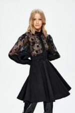 Myra Hollow Embroidered Lace Belted Mini Shirt Dress - Image 4
