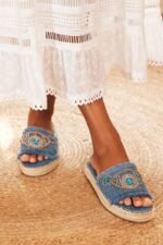 Teresa Rhinestone Denim Sandals - Image 2