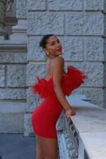 Truda Feather Off-shoulder Mini Dress - Image 3