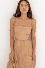 Una Off-shoulder Pleated Mesh Midi Dress