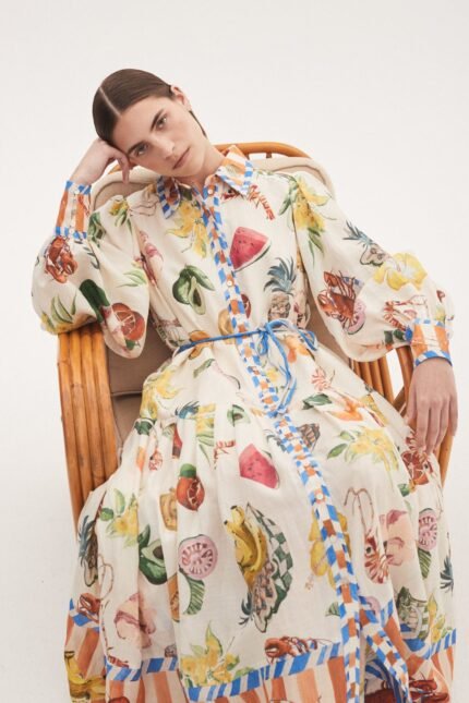 Willa Tropical Printed Ballon Sleeve Maxi Shirt Dress