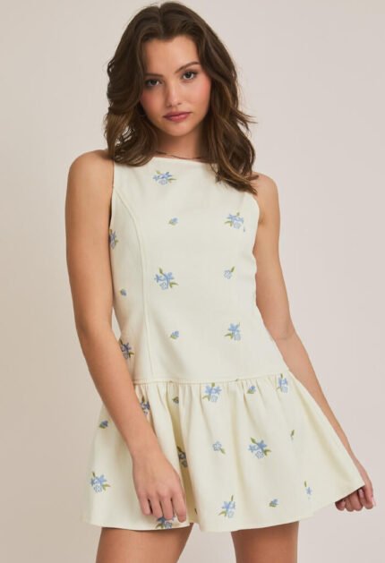 Blue Belle Mini Dress-Cream Blue Floral