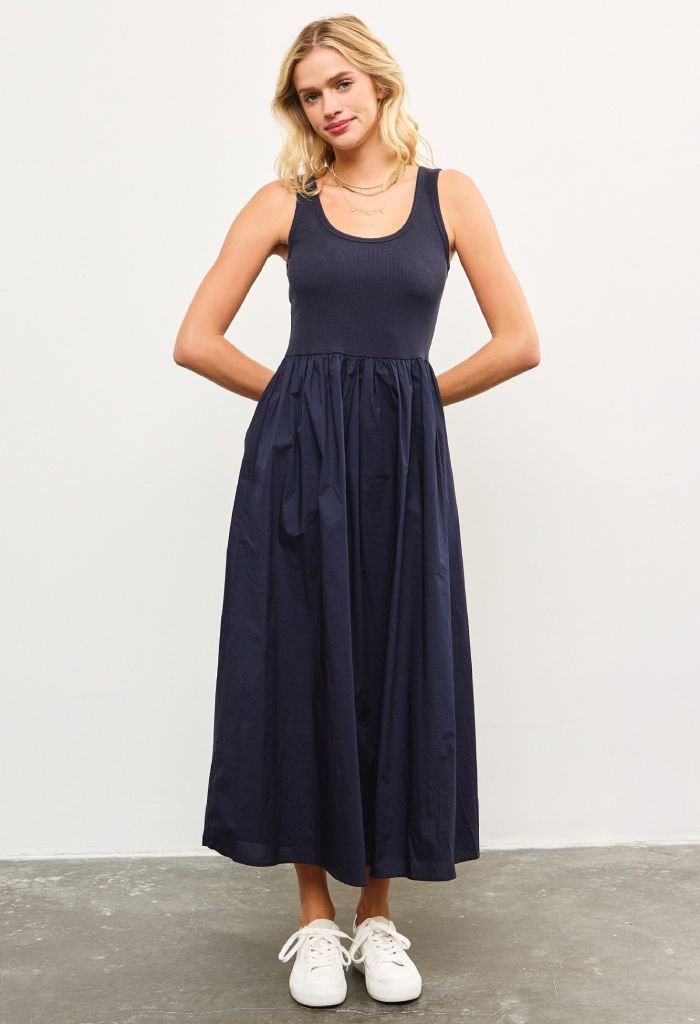 11025-2-ShirredFlareDress-1.jpg Caroline Midi Dress-Navy - Image 1