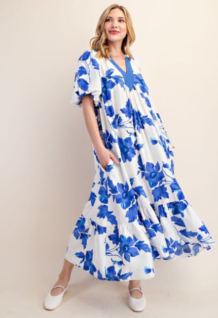 Audrina Floral Maxi Dress-Blue