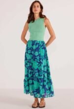 Connie Tiered Midi Skirt-Mint/Navy Floral